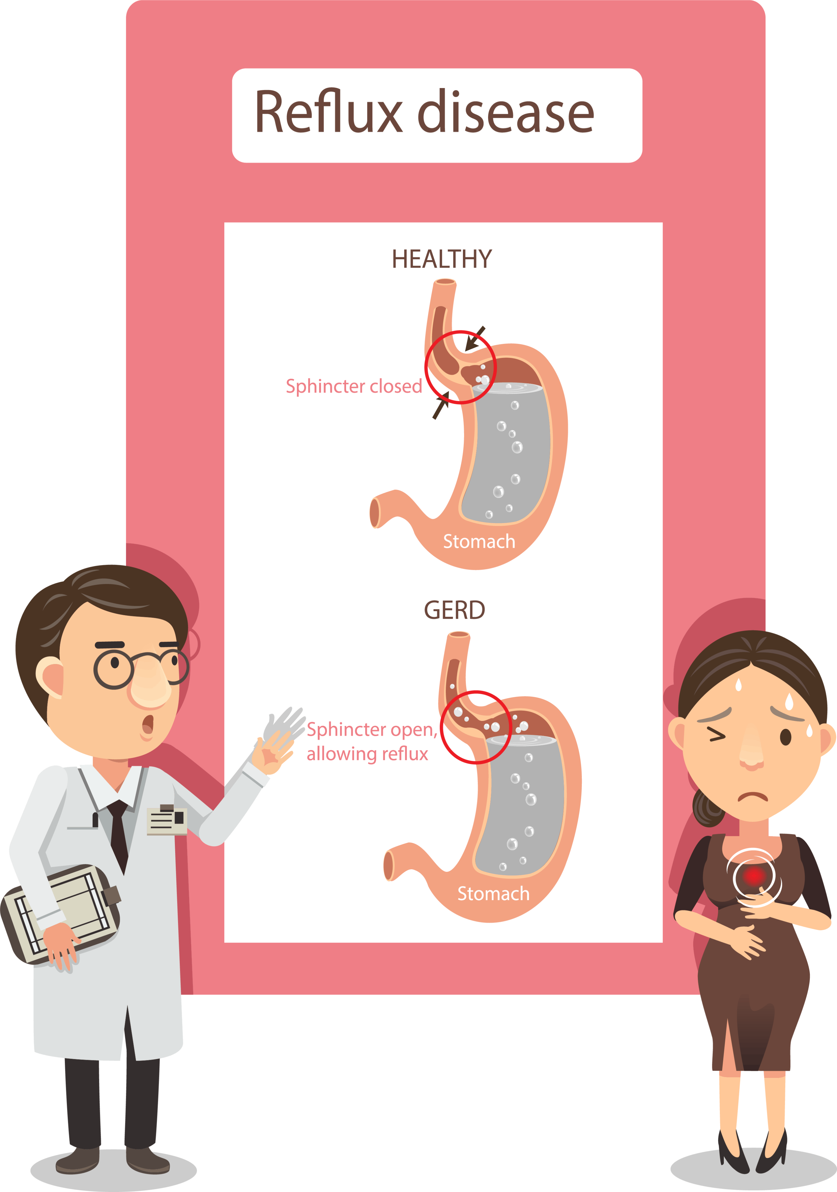An illustration of a doctor with a patient showing a chart for acid reflux disease.