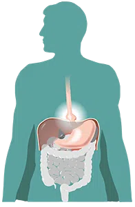 A woman in pain hunched over because of her stomach.