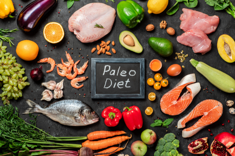 Fruits and vegetables and Paleo Diet written on a writing slate