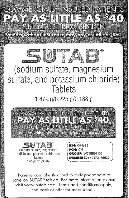 Image of a prescription savings card for SUTAB tablets
