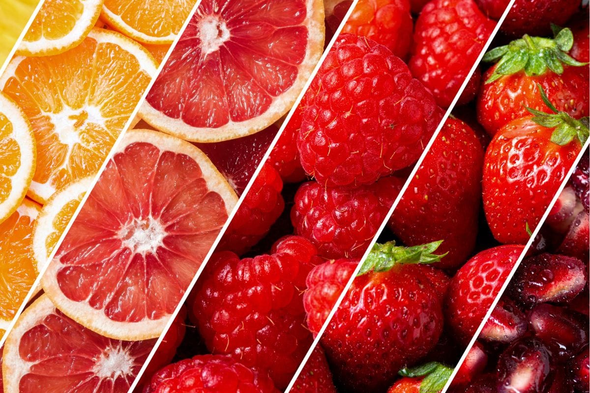 Collage of sliced citrus fruits and berries, including orange, grapefruit, raspberries, and strawberries.